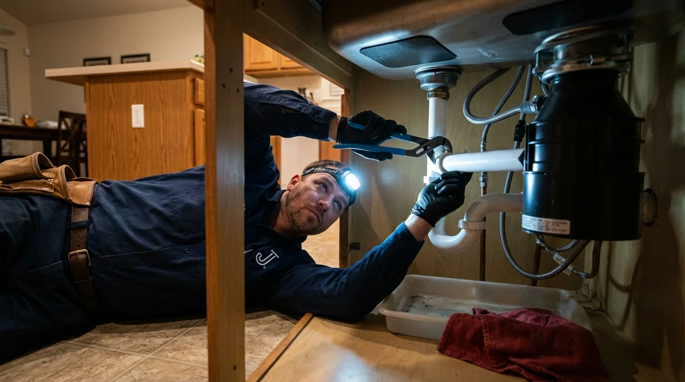 P-trap and supply line connections under a kitchen sink showing a common leak point in Williamsburg, PA